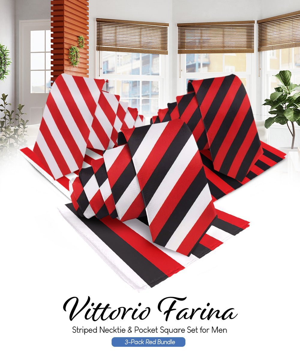 Vittorio Farina Men's Striped Satin Necktie & Pocket Square (Multipack) - Red and White/Red and Black/Red, Black and White - Necktie & Pocket Square - Vittorio Farina