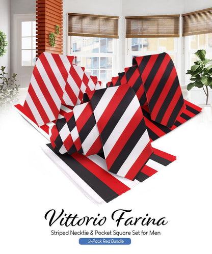 Vittorio Farina Men's Striped Satin Necktie & Pocket Square (Multipack) - Red and White/Red and Black/Red, Black and White - Necktie & Pocket Square - Vittorio Farina