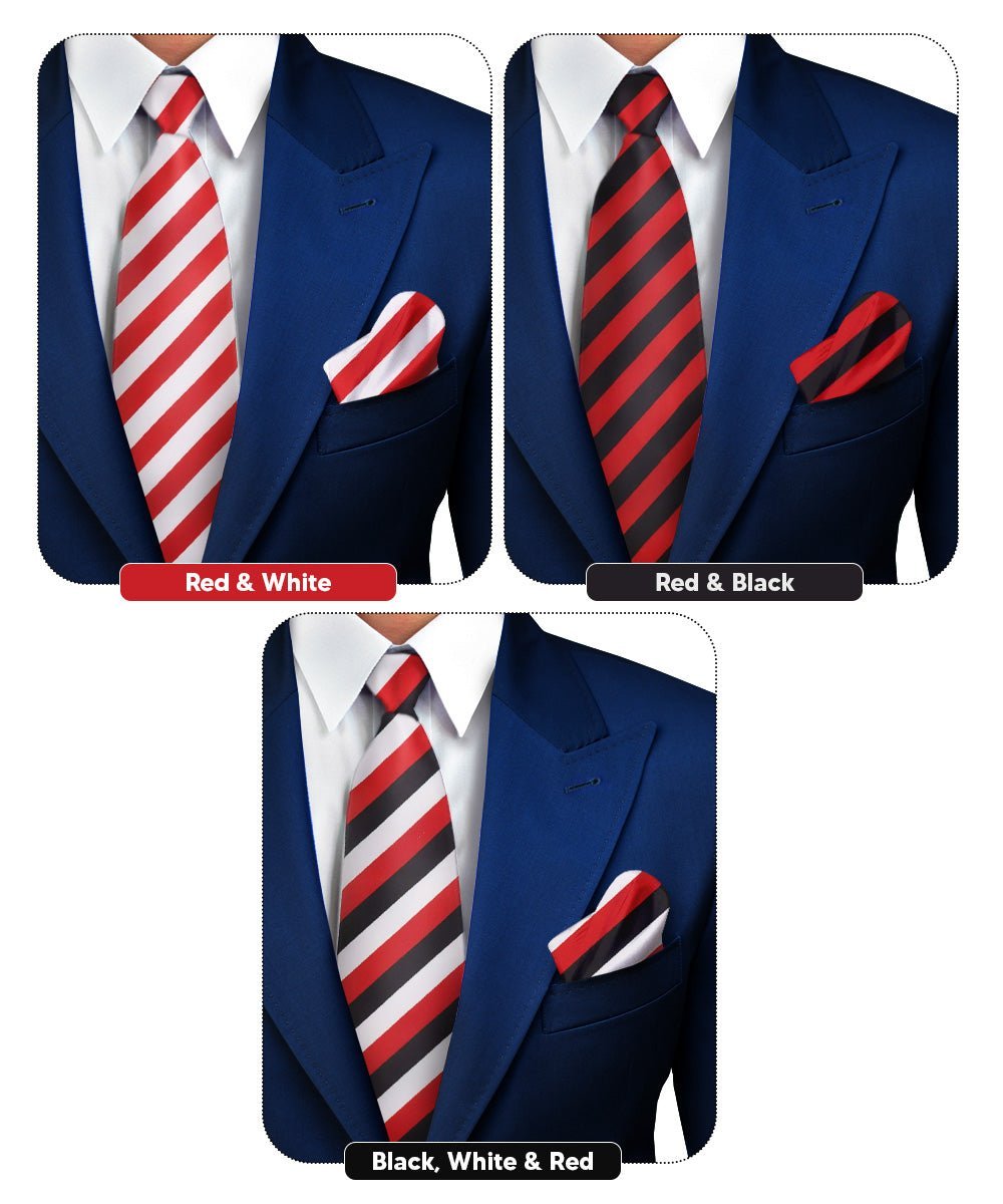 Vittorio Farina Men's Striped Satin Necktie & Pocket Square (Multipack) - Red and White/Red and Black/Red, Black and White - Necktie & Pocket Square - Vittorio Farina