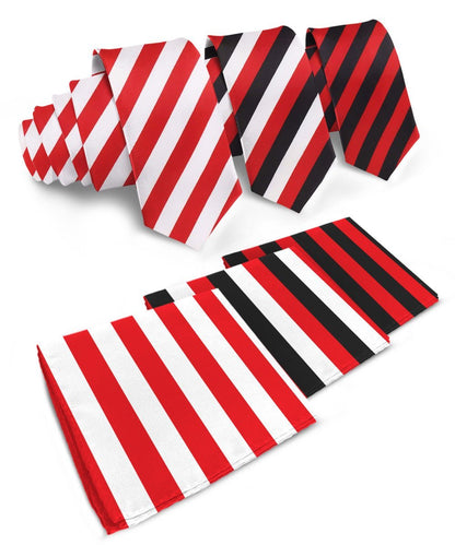 Vittorio Farina Men's Striped Satin Necktie & Pocket Square (Multipack) - Red and White/Red and Black/Red, Black and White - Necktie & Pocket Square - Vittorio Farina