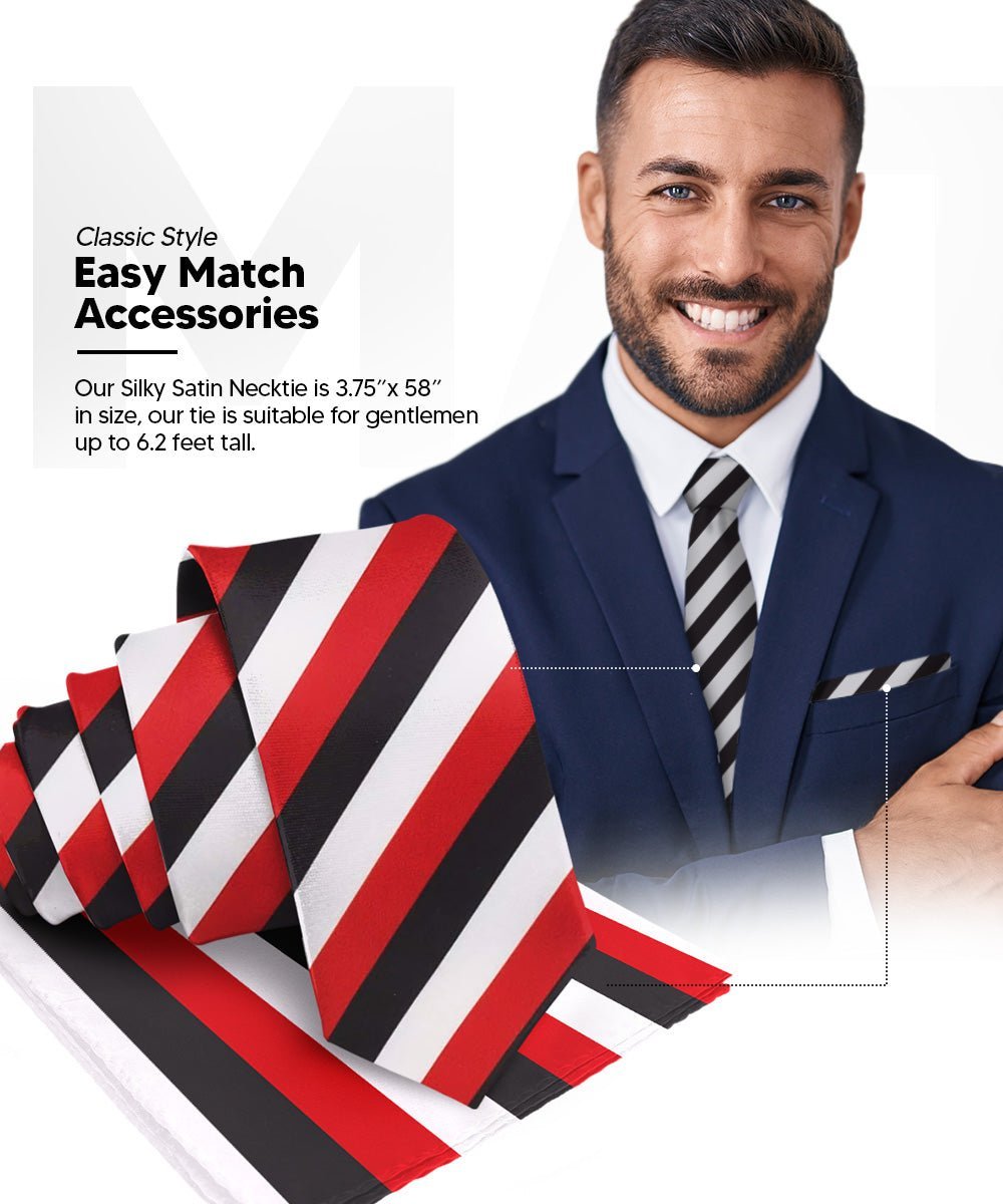 Vittorio Farina Men's Striped Satin Necktie & Pocket Square (Multipack) - Red and White/Red and Black/Red, Black and White - Necktie & Pocket Square - Vittorio Farina