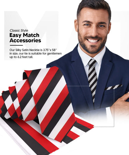 Vittorio Farina Men's Striped Satin Necktie & Pocket Square (Multipack) - Red and White/Red and Black/Red, Black and White - Necktie & Pocket Square - Vittorio Farina
