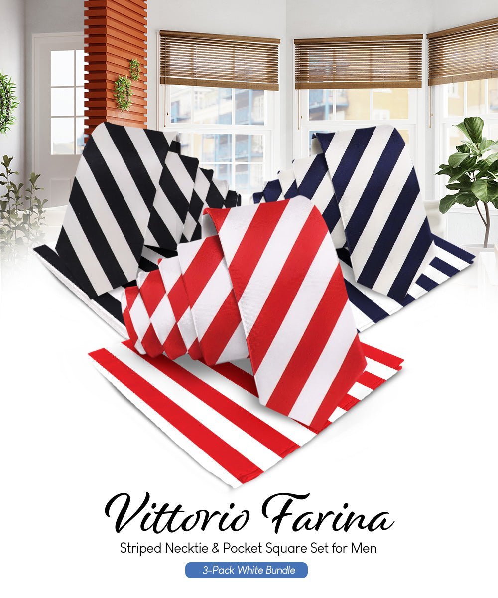 Vittorio Farina Men's Striped Satin Necktie & Pocket Square (Multipack) - White and Black/White and Navy Blue/White and Red - Necktie & Pocket Square - Vittorio Farina
