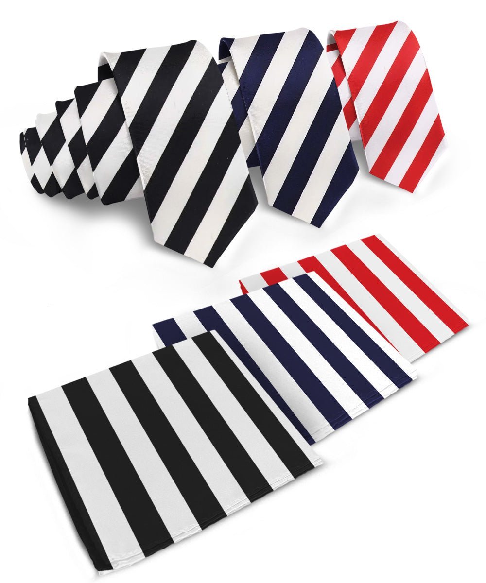 Vittorio Farina Men's Striped Satin Necktie & Pocket Square (Multipack) - White and Black/White and Navy Blue/White and Red - Necktie & Pocket Square - Vittorio Farina