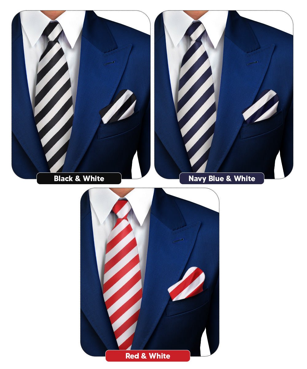 Vittorio Farina Men's Striped Satin Necktie & Pocket Square (Multipack) - White and Black/White and Navy Blue/White and Red - Necktie & Pocket Square - Vittorio Farina