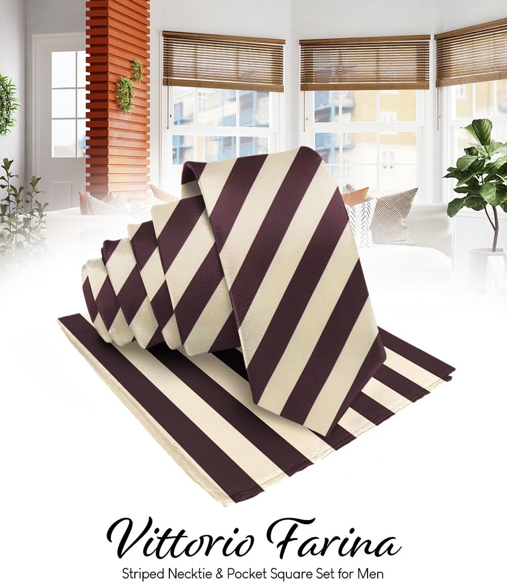 Vittorio Farina Men's Striped Satin Necktie & Pocket Square - Beige and Brown - Necktie & Pocket Square - Vittorio Farina