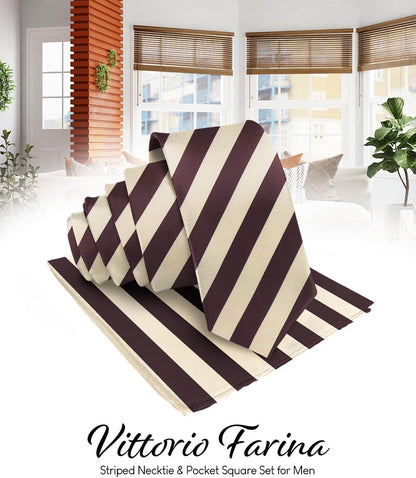 Vittorio Farina Men's Striped Satin Necktie & Pocket Square - Beige and Brown - Necktie & Pocket Square - Vittorio Farina