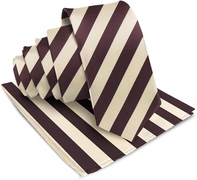 Vittorio Farina Men's Striped Satin Necktie & Pocket Square - Beige and Brown - Necktie & Pocket Square - Vittorio Farina