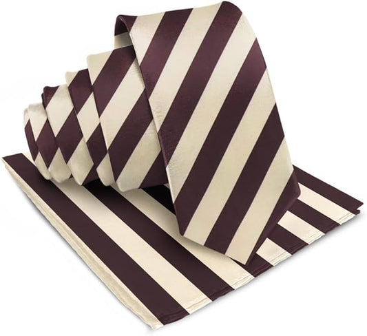 Vittorio Farina Men's Striped Satin Necktie & Pocket Square - Beige and Brown - Necktie & Pocket Square - Vittorio Farina