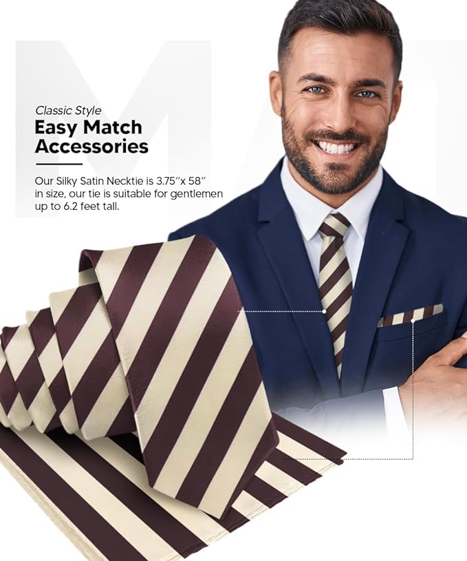 Vittorio Farina Men's Striped Satin Necktie & Pocket Square - Beige and Brown - Necktie & Pocket Square - Vittorio Farina
