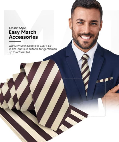 Vittorio Farina Men's Striped Satin Necktie & Pocket Square - Beige and Brown - Necktie & Pocket Square - Vittorio Farina