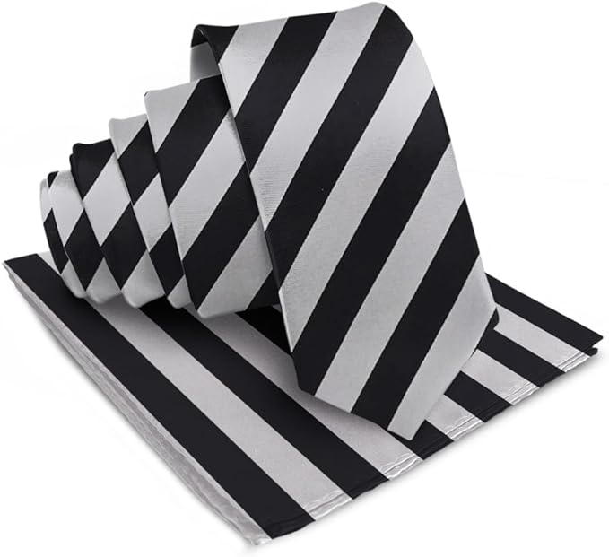 Vittorio Farina Men's Striped Satin Necktie & Pocket Square - Black and Gray - Necktie & Pocket Square - Vittorio Farina