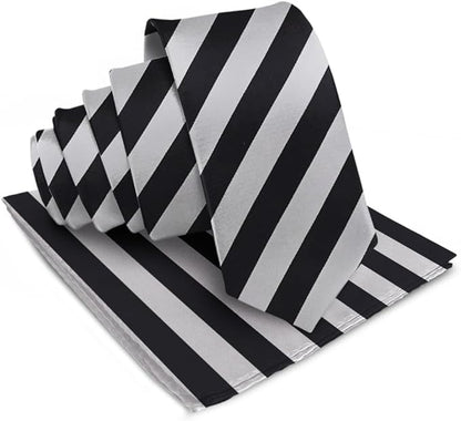 Vittorio Farina Men's Striped Satin Necktie & Pocket Square - Black and Gray - Necktie & Pocket Square - Vittorio Farina