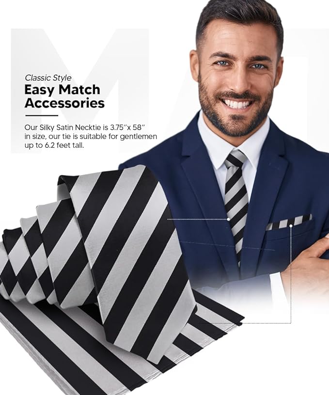 Vittorio Farina Men's Striped Satin Necktie & Pocket Square - Black and Gray - Necktie & Pocket Square - Vittorio Farina