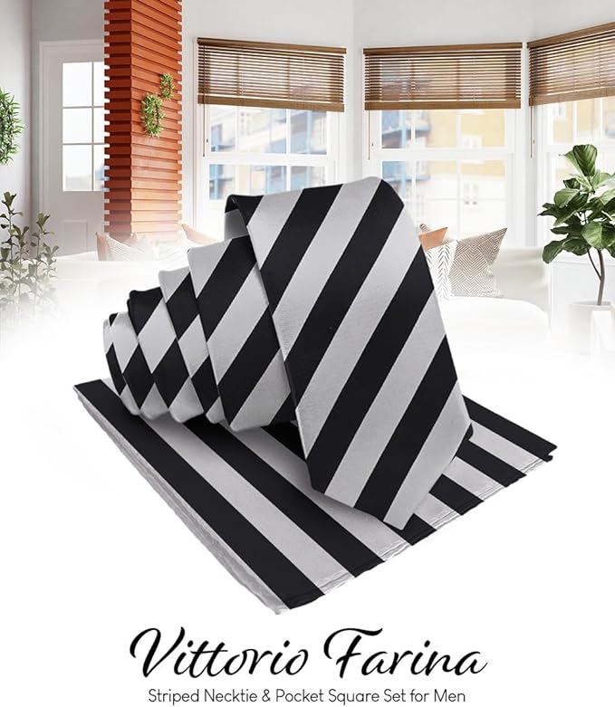 Vittorio Farina Men's Striped Satin Necktie & Pocket Square - Black and Gray - Necktie & Pocket Square - Vittorio Farina