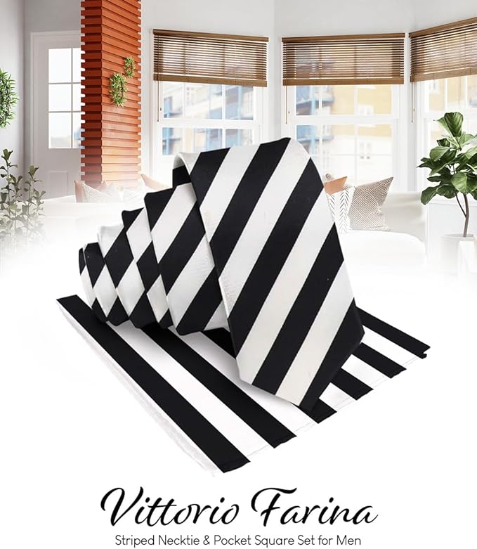 Vittorio Farina Men's Striped Satin Necktie & Pocket Square - Black and White - Necktie & Pocket Square - Vittorio Farina