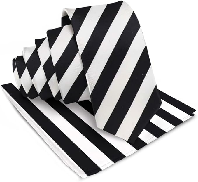Vittorio Farina Men's Striped Satin Necktie & Pocket Square - Black and White - Necktie & Pocket Square - Vittorio Farina