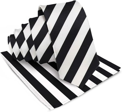 Vittorio Farina Men's Striped Satin Necktie & Pocket Square - Black and White - Necktie & Pocket Square - Vittorio Farina