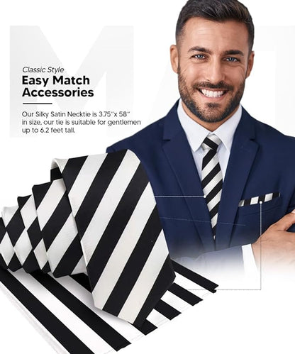 Vittorio Farina Men's Striped Satin Necktie & Pocket Square - Black and White - Necktie & Pocket Square - Vittorio Farina
