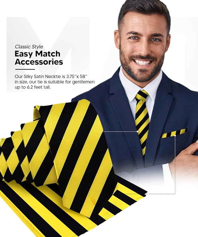 Vittorio Farina Men's Striped Satin Necktie & Pocket Square - Black and Yellow - Necktie & Pocket Square - Vittorio Farina