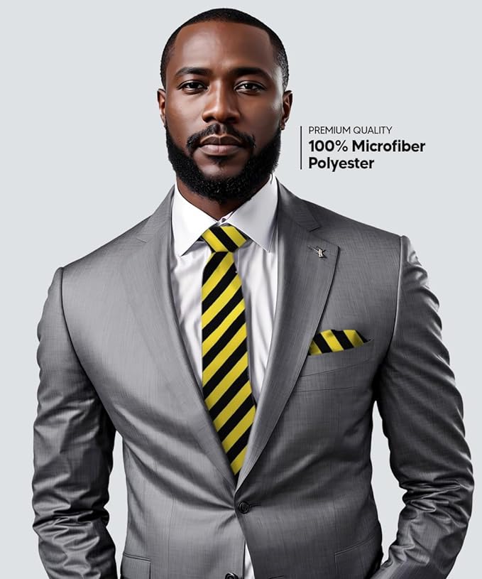 Vittorio Farina Men's Striped Satin Necktie & Pocket Square - Black and Yellow - Necktie & Pocket Square - Vittorio Farina