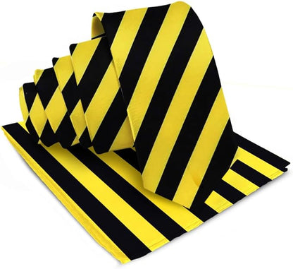 Vittorio Farina Men's Striped Satin Necktie & Pocket Square - Black and Yellow - Necktie & Pocket Square - Vittorio Farina