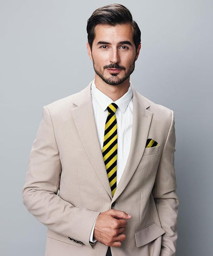 Vittorio Farina Men's Striped Satin Necktie & Pocket Square - Black and Yellow - Necktie & Pocket Square - Vittorio Farina