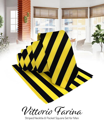 Vittorio Farina Men's Striped Satin Necktie & Pocket Square - Black and Yellow - Necktie & Pocket Square - Vittorio Farina