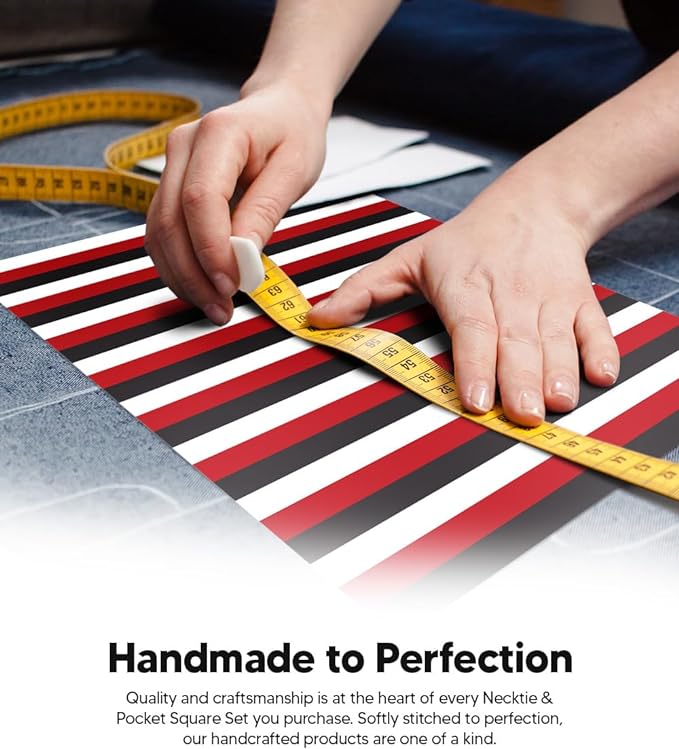 Vittorio Farina Men's Striped Satin Necktie & Pocket Square - Black, White and Red - Necktie & Pocket Square - Vittorio Farina