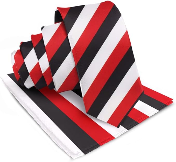 Vittorio Farina Men's Striped Satin Necktie & Pocket Square - Black, White and Red - Necktie & Pocket Square - Vittorio Farina