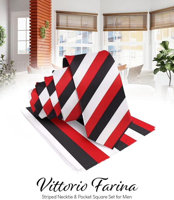 Vittorio Farina Men's Striped Satin Necktie & Pocket Square - Black, White and Red - Necktie & Pocket Square - Vittorio Farina