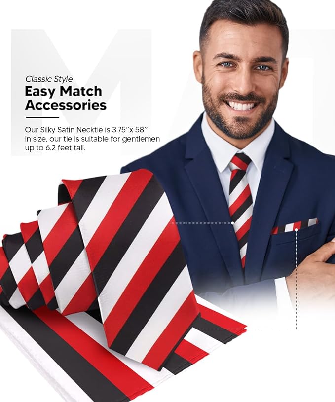 Vittorio Farina Men's Striped Satin Necktie & Pocket Square - Black, White and Red - Necktie & Pocket Square - Vittorio Farina