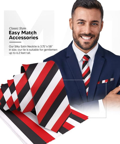 Vittorio Farina Men's Striped Satin Necktie & Pocket Square - Black, White and Red - Necktie & Pocket Square - Vittorio Farina