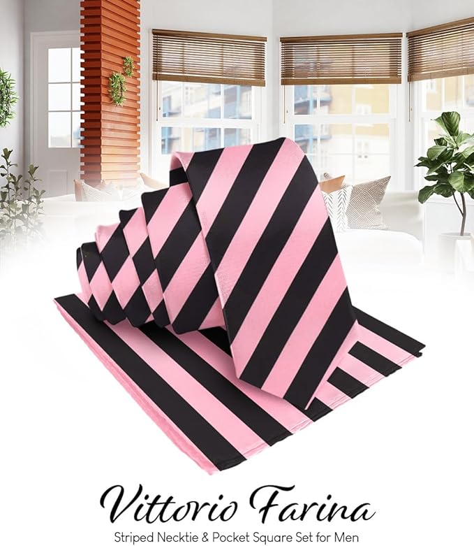 Vittorio Farina Men's Striped Satin Necktie & Pocket Square - Bubblegum Pink and Black - Necktie & Pocket Square - Vittorio Farina