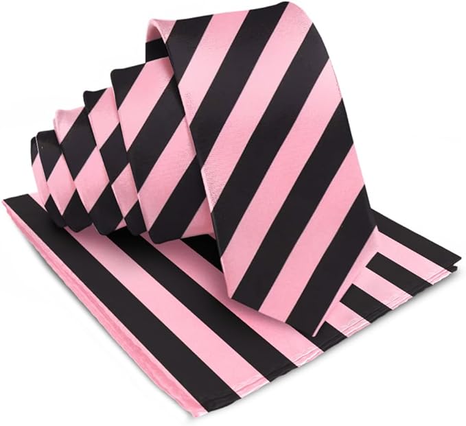 Vittorio Farina Men's Striped Satin Necktie & Pocket Square - Bubblegum Pink and Black - Necktie & Pocket Square - Vittorio Farina
