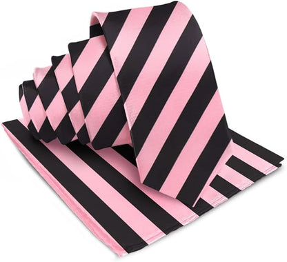 Vittorio Farina Men's Striped Satin Necktie & Pocket Square - Bubblegum Pink and Black - Necktie & Pocket Square - Vittorio Farina