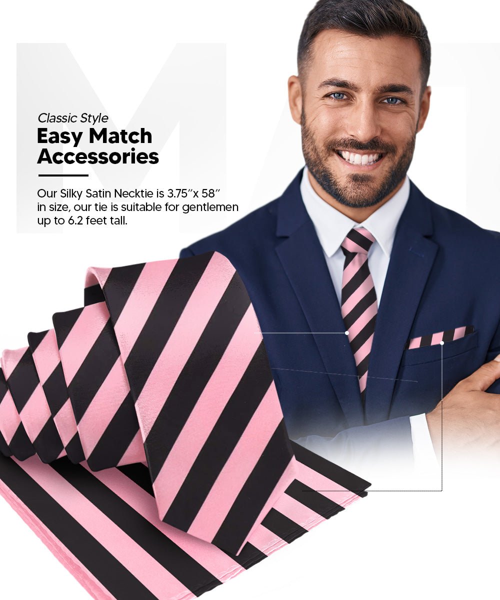 Vittorio Farina Men's Striped Satin Necktie & Pocket Square - Bubblegum Pink and Black - Necktie & Pocket Square - Vittorio Farina
