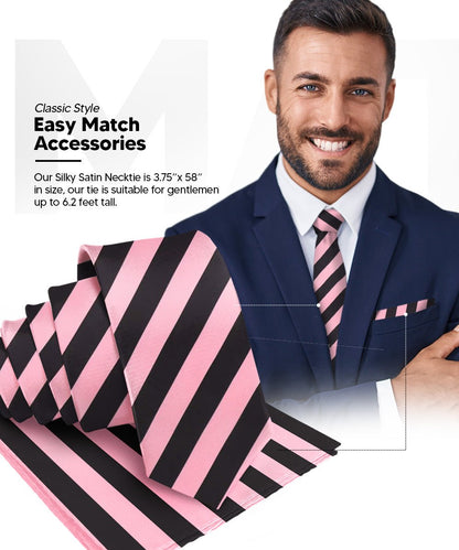 Vittorio Farina Men's Striped Satin Necktie & Pocket Square - Bubblegum Pink and Black - Necktie & Pocket Square - Vittorio Farina