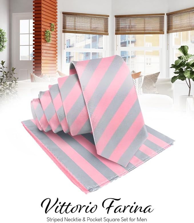 Vittorio Farina Men's Striped Satin Necktie & Pocket Square - Bubblegum Pink and Gray - Necktie & Pocket Square - Vittorio Farina