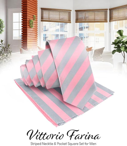 Vittorio Farina Men's Striped Satin Necktie & Pocket Square - Bubblegum Pink and Gray - Necktie & Pocket Square - Vittorio Farina