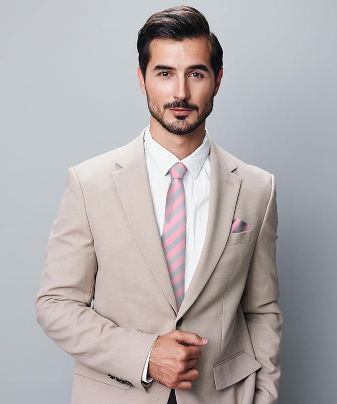 Vittorio Farina Men's Striped Satin Necktie & Pocket Square - Bubblegum Pink and Gray - Necktie & Pocket Square - Vittorio Farina