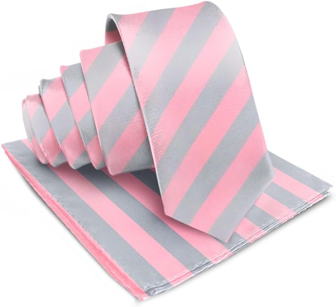Vittorio Farina Men's Striped Satin Necktie & Pocket Square - Bubblegum Pink and Gray - Necktie & Pocket Square - Vittorio Farina