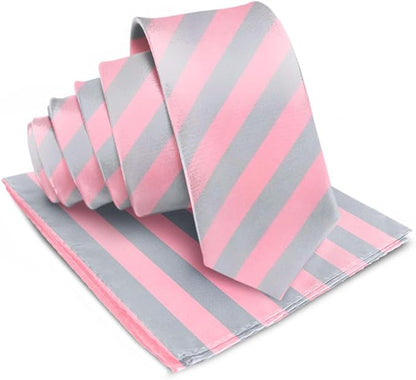 Vittorio Farina Men's Striped Satin Necktie & Pocket Square - Bubblegum Pink and Gray - Necktie & Pocket Square - Vittorio Farina