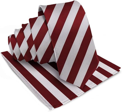 Vittorio Farina Men's Striped Satin Necktie & Pocket Square - Burgundy and Gray - Necktie & Pocket Square - Vittorio Farina