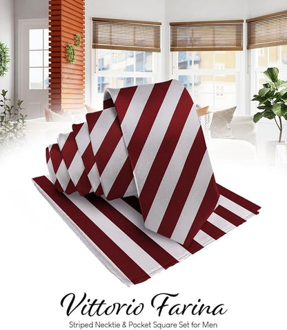 Vittorio Farina Men's Striped Satin Necktie & Pocket Square - Bubblegum Pink and Gray - Necktie & Pocket Square - Vittorio Farina