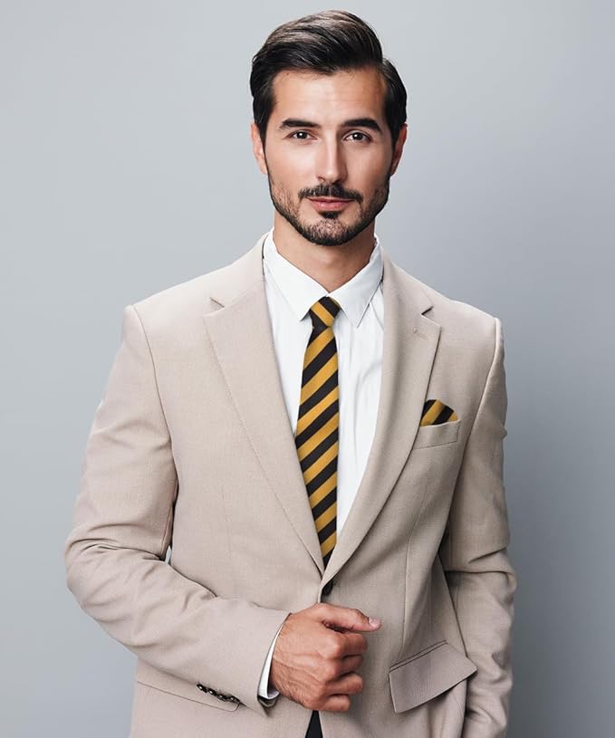 Vittorio Farina Men's Striped Satin Necktie & Pocket Square - Gold and Black - Necktie & Pocket Square - Vittorio Farina
