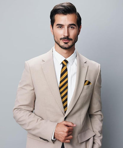 Vittorio Farina Men's Striped Satin Necktie & Pocket Square - Gold and Black - Necktie & Pocket Square - Vittorio Farina