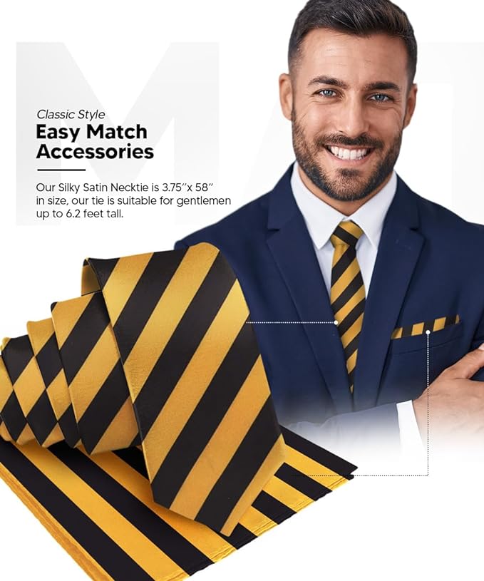 Vittorio Farina Men's Striped Satin Necktie & Pocket Square - Gold and Black - Necktie & Pocket Square - Vittorio Farina
