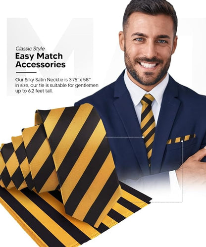 Vittorio Farina Men's Striped Satin Necktie & Pocket Square - Gold and Black - Necktie & Pocket Square - Vittorio Farina