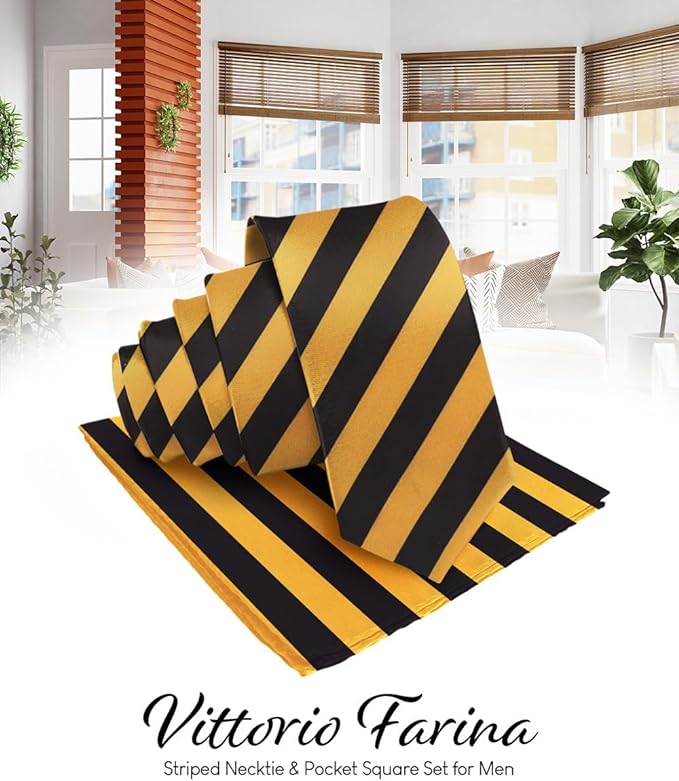 Vittorio Farina Men's Striped Satin Necktie & Pocket Square - Gold and Black - Necktie & Pocket Square - Vittorio Farina